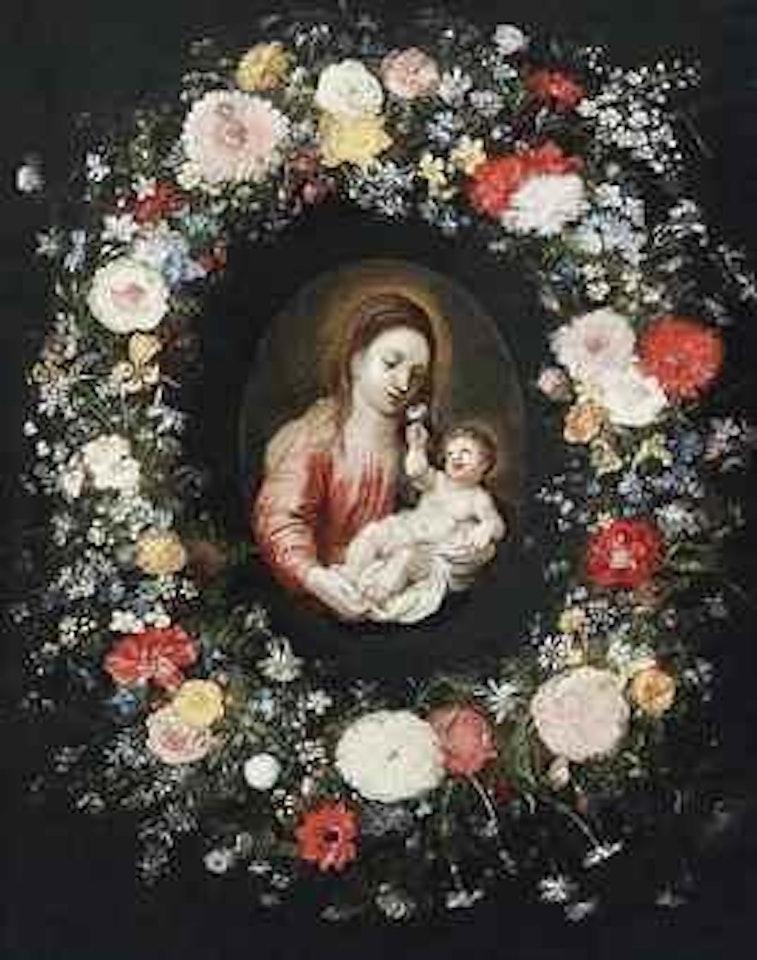 The Virgin and Child surrounded by a garland of flowers by Hendrik van Balen by Jan Brueghel the Younger