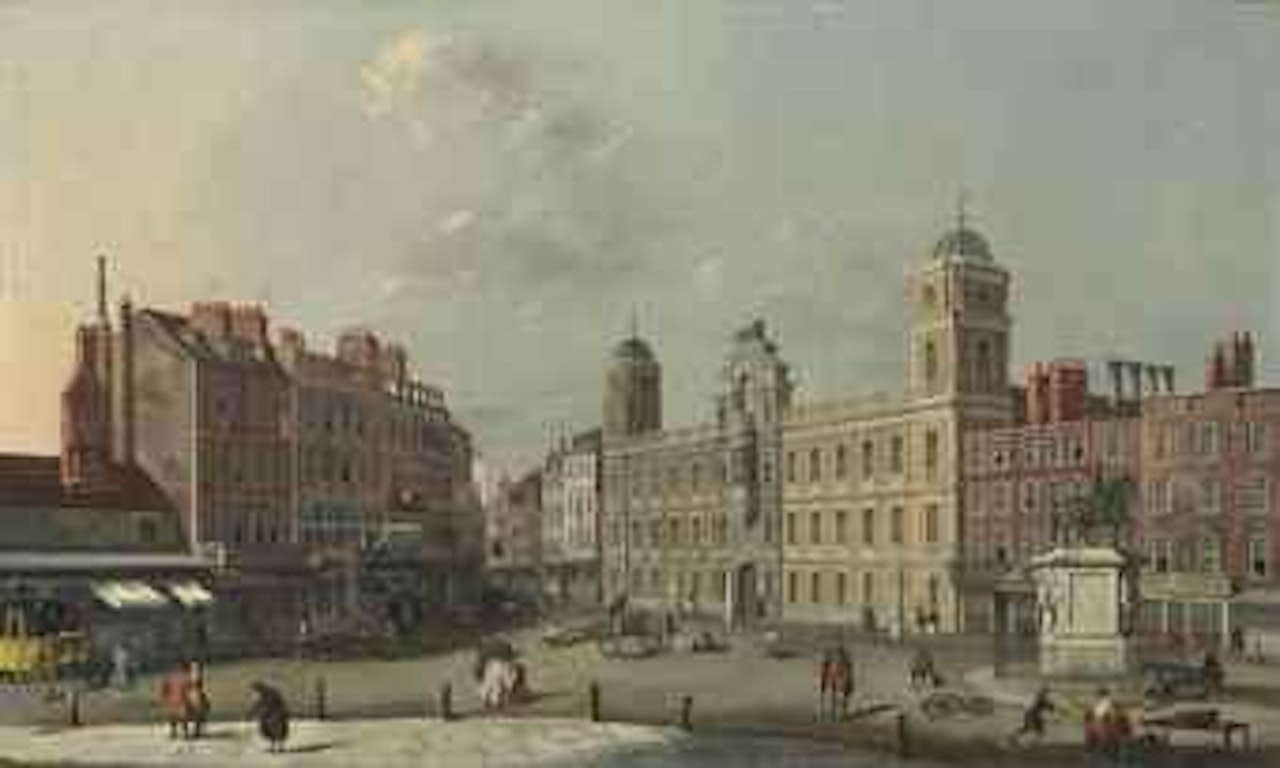 The Strand front of Northumberland House, London, with the equestrian statue of Charles I and figures conversing by Canaletto