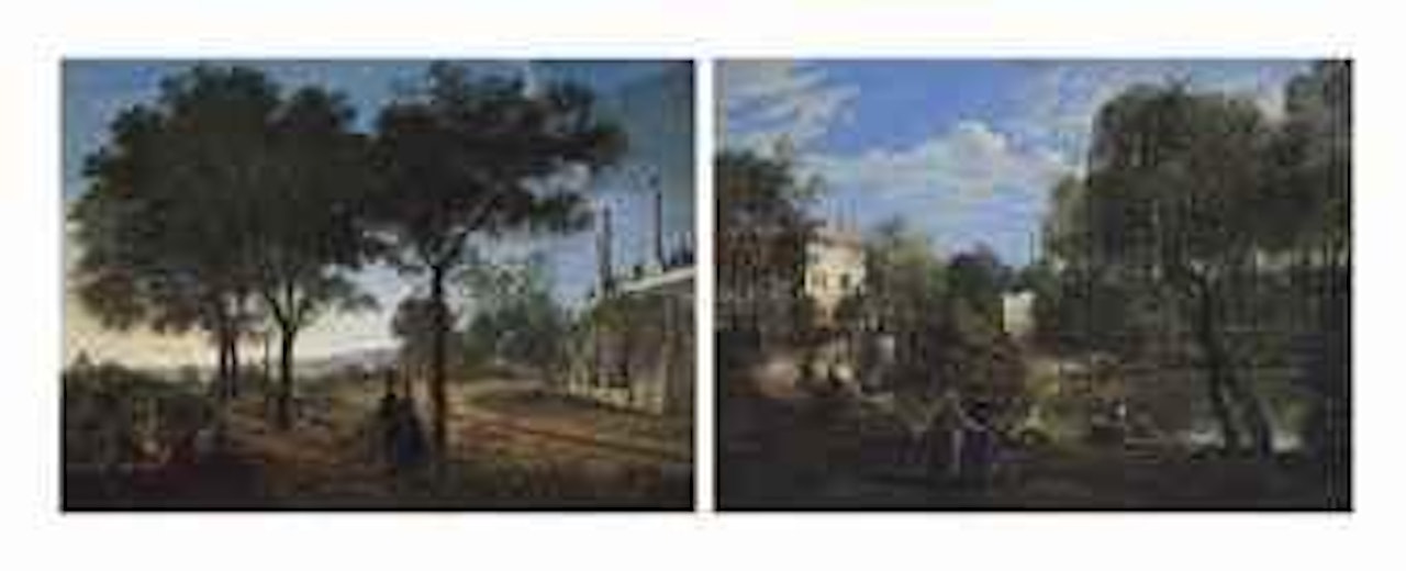 A view of the Passeggiata del Pincio, overlooking Rome; and A view of the lake at Villa Borghese, Rome by Italian School