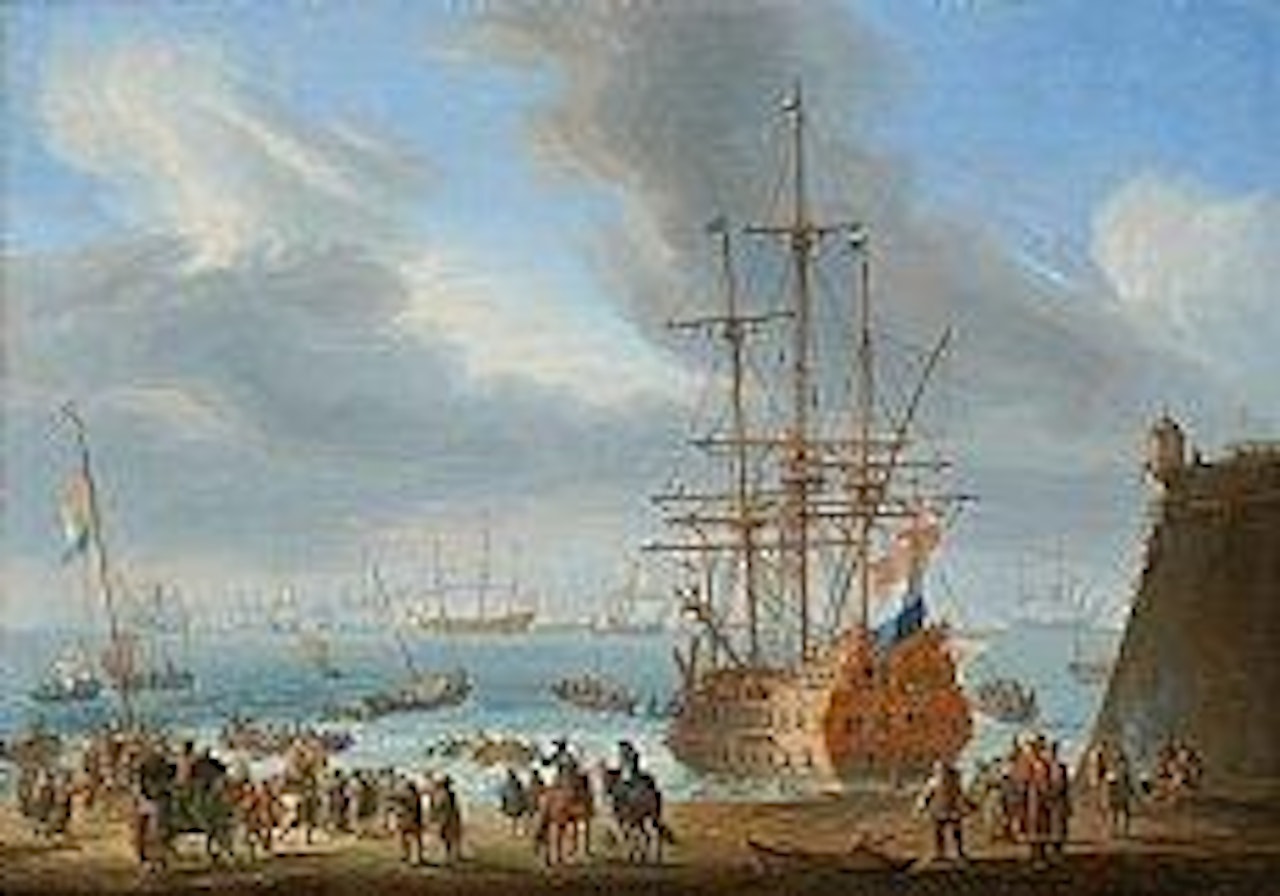 Les préparatifs du trois-mâts dans une baie animée by Dutch School