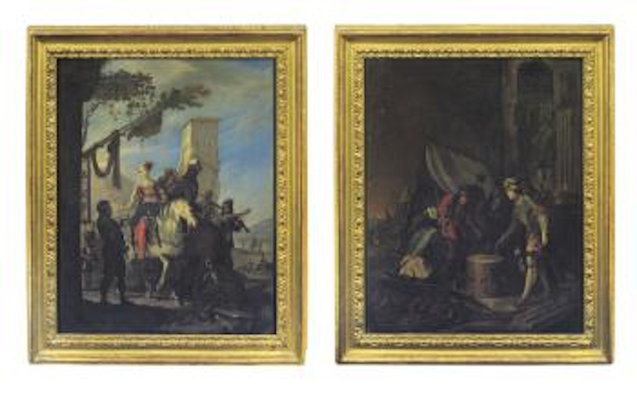 Sosta di caccia (1); Bivacco di soldati al gioco dei dadi (2) by Italian School