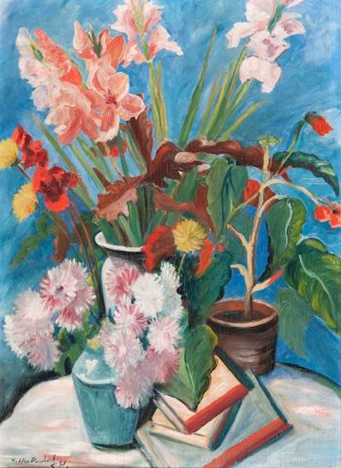 Blumenstillleben mit Gladiolen und Büchern by Franz Heckendorf