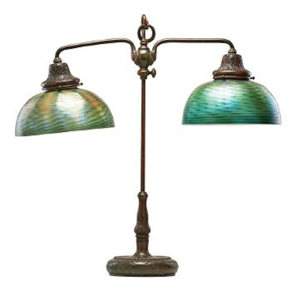 Large Adjustable Desk Lamp, Two Wave Pattern  Shades by Tiffany Studios