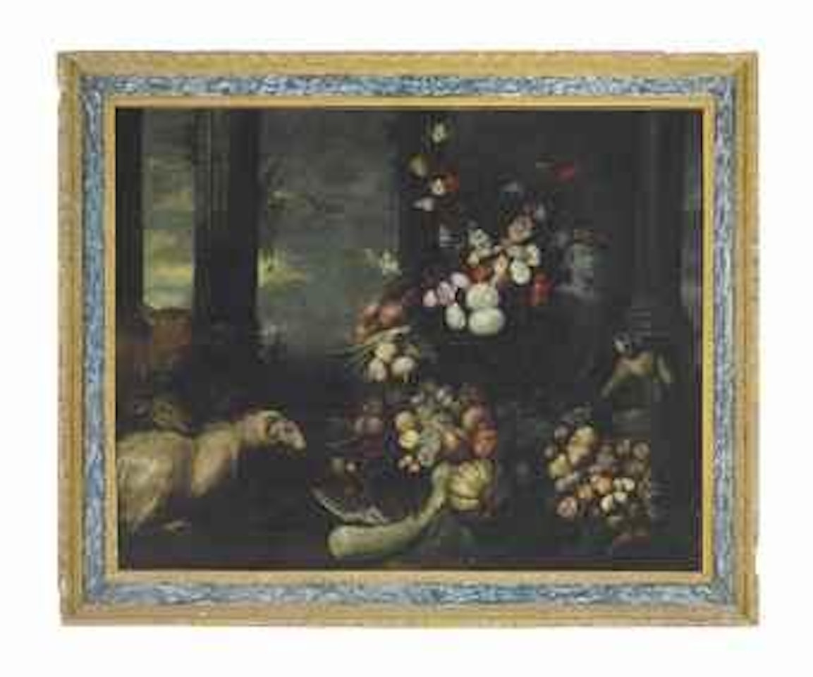 Carnations, peonies, hydrangeas and other flowers on a ledge by a classical bust, surrounded by onions, pumpkins, grapes and other fruits, with a ram, a calf by Roman School