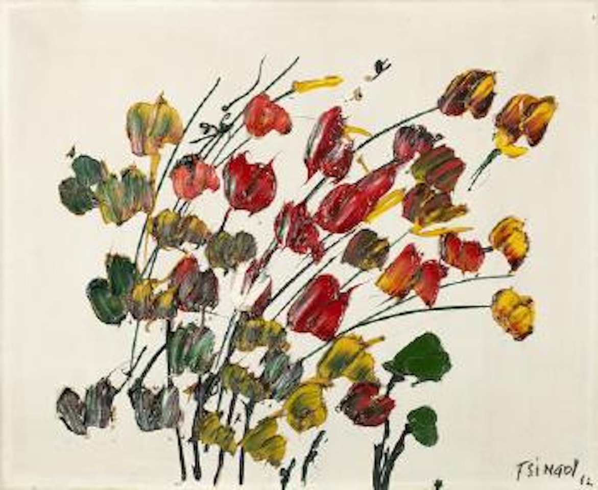 Red and yellow flowers on white background by Thanos Tsingos