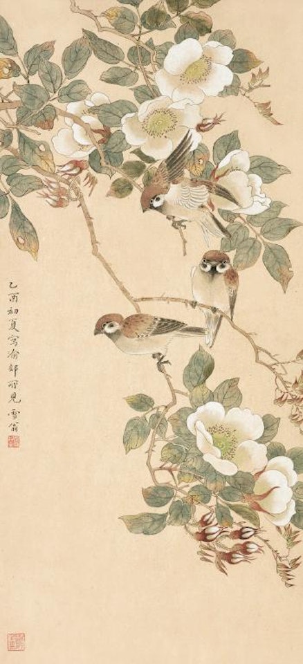 Sparrows Perching by the Camellia by Chen Zhifo