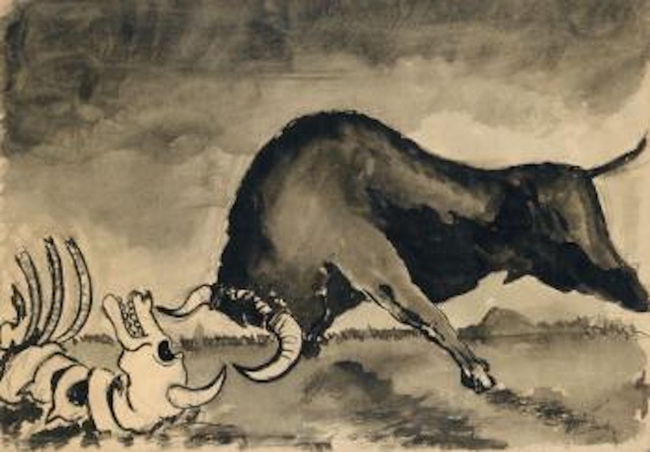 Taureau furieux chargeant une carcasse by Oscar Dominguez