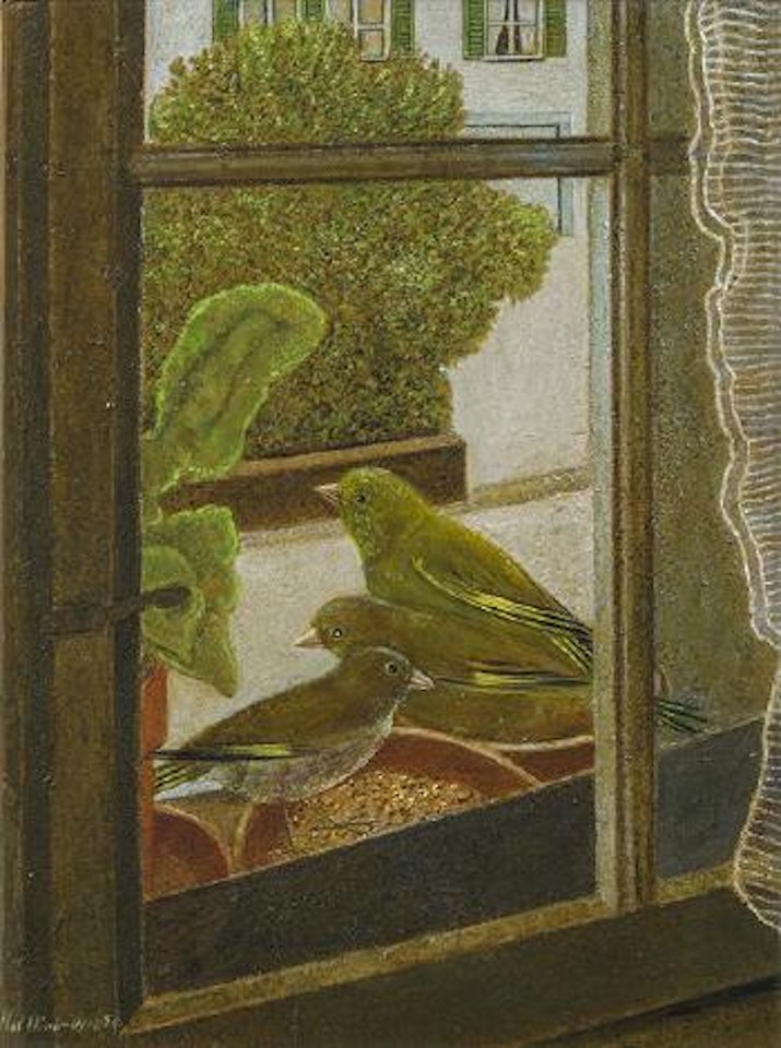 Grünfinken vor dem Fenster by Adolf Dietrich