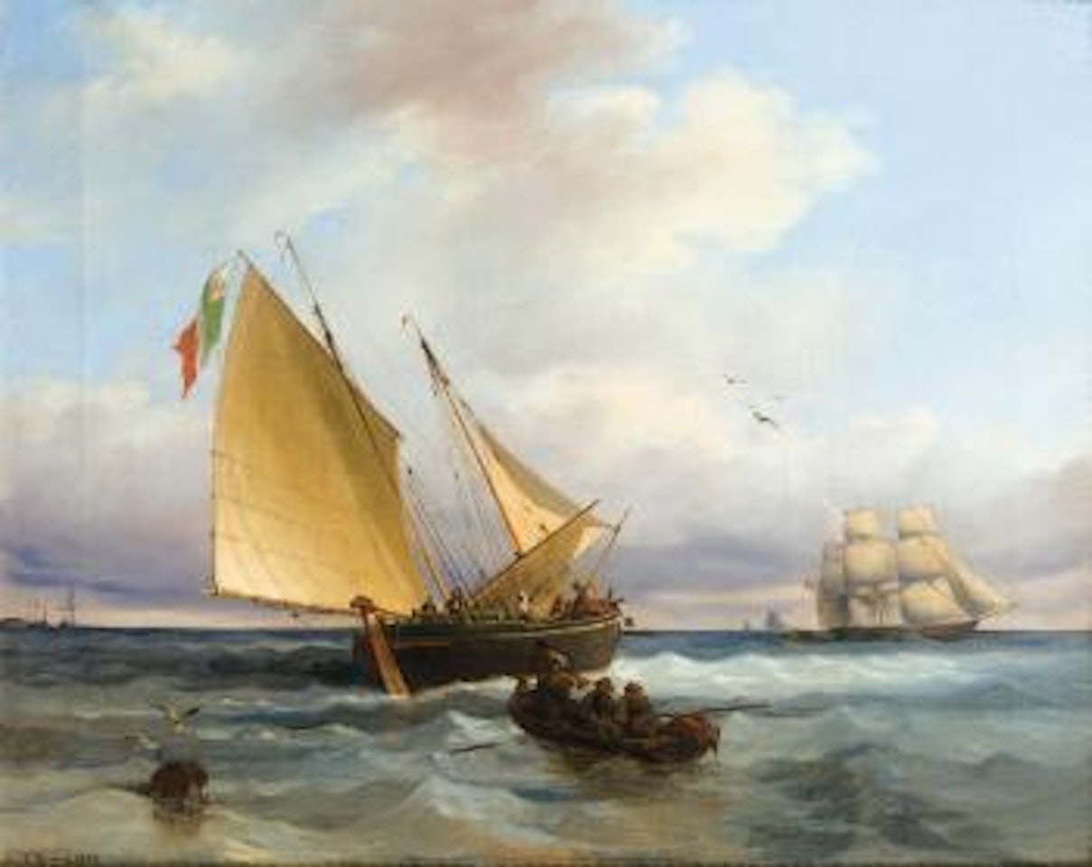 Bateaux de pêche dans la lagune, avec un Étendard de la république sérénissime de Sainte Marie by Carlo Grubacs