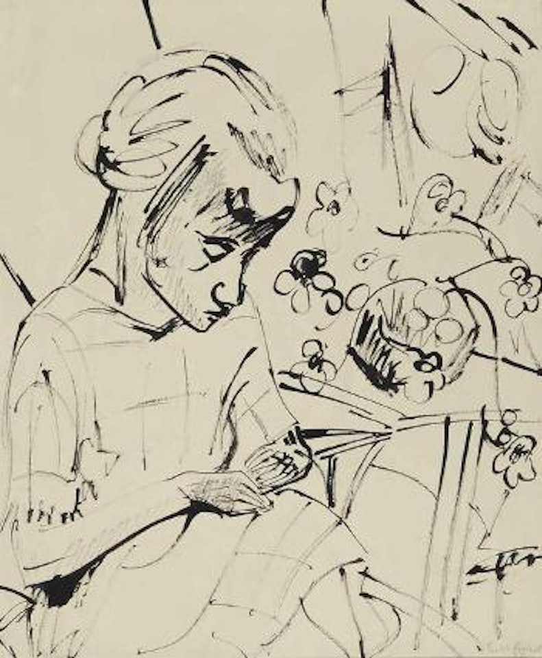 Woman Sewing with Vase of Flowers by Erich Heckel