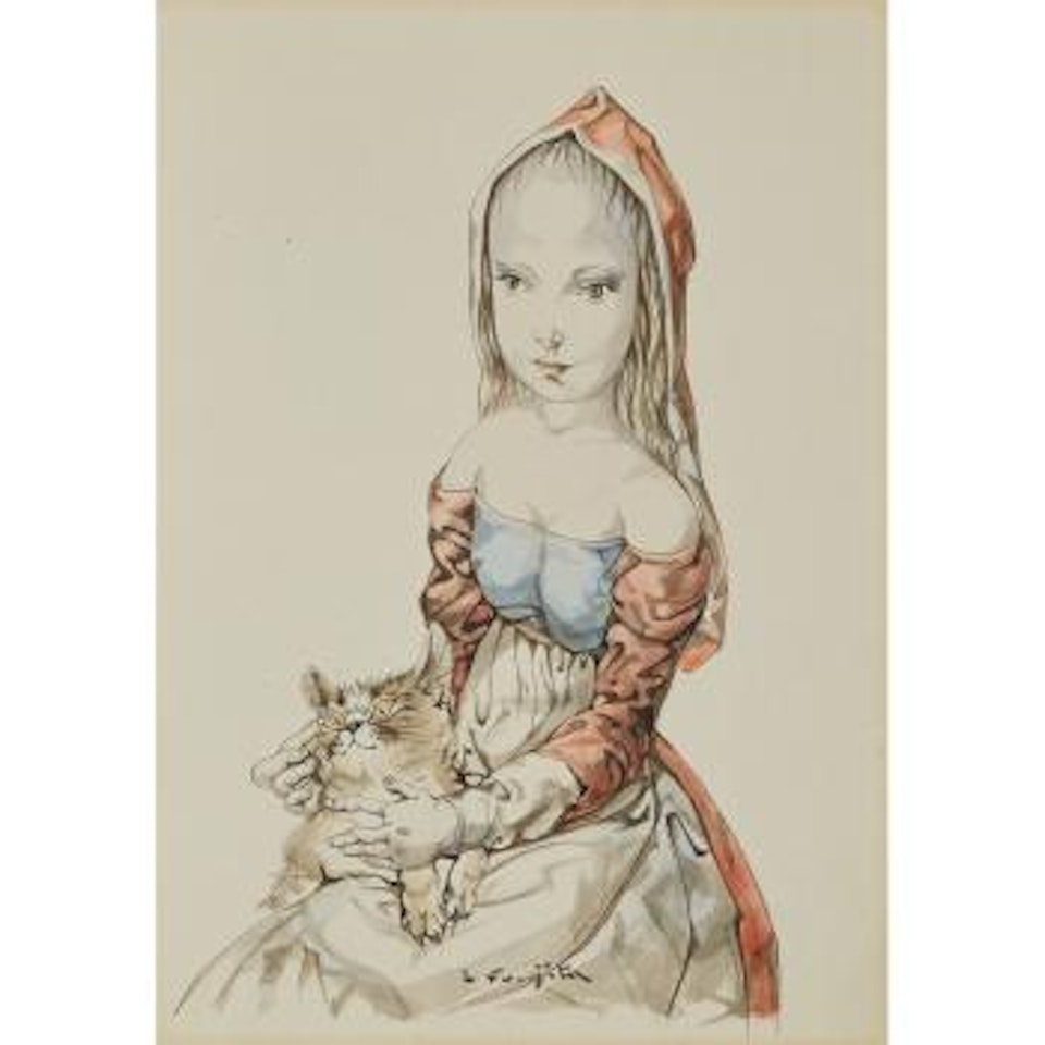 Young Girl with Cat by Leonard Tsuguharu Foujita