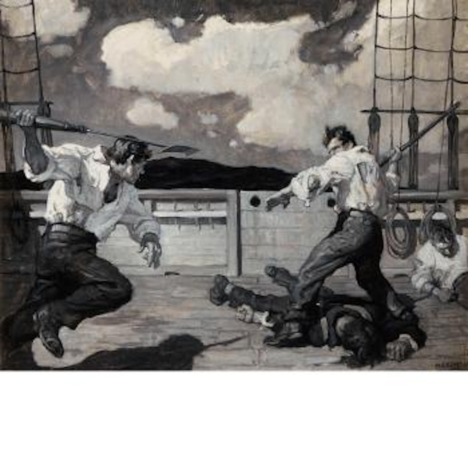 The Story of The Battle Upon The Tumbling Decks of The Nathan Ross Was To Be Retold at Many a Gam Upon The Whaling-grounds [The Fight with The Harpoons] by Newell Convers Wyeth