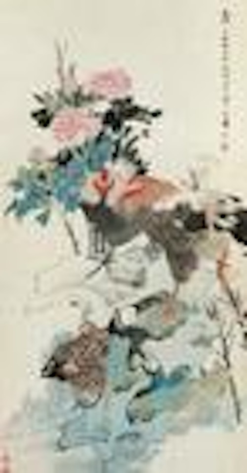 Peony and roosters by Ren Bonian
