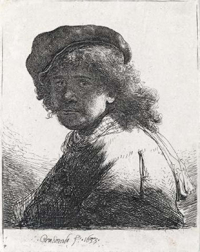 Self Portrait in a Cap and Scarf with the Face Dark: Bust by Attributed to Rembrandt Harmensz van Rijn