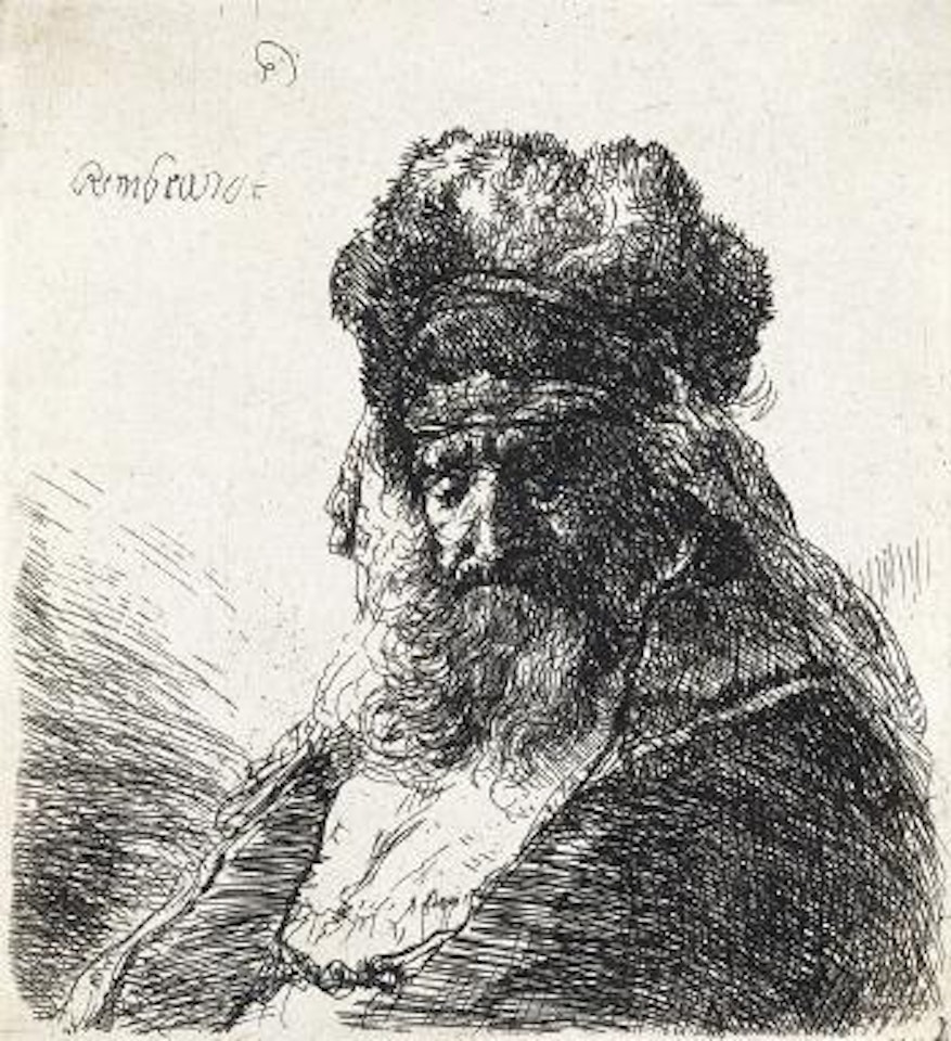 Old Bearded Man in a High Fur Cap, with Eyes Closed by Attributed to Rembrandt Harmensz van Rijn