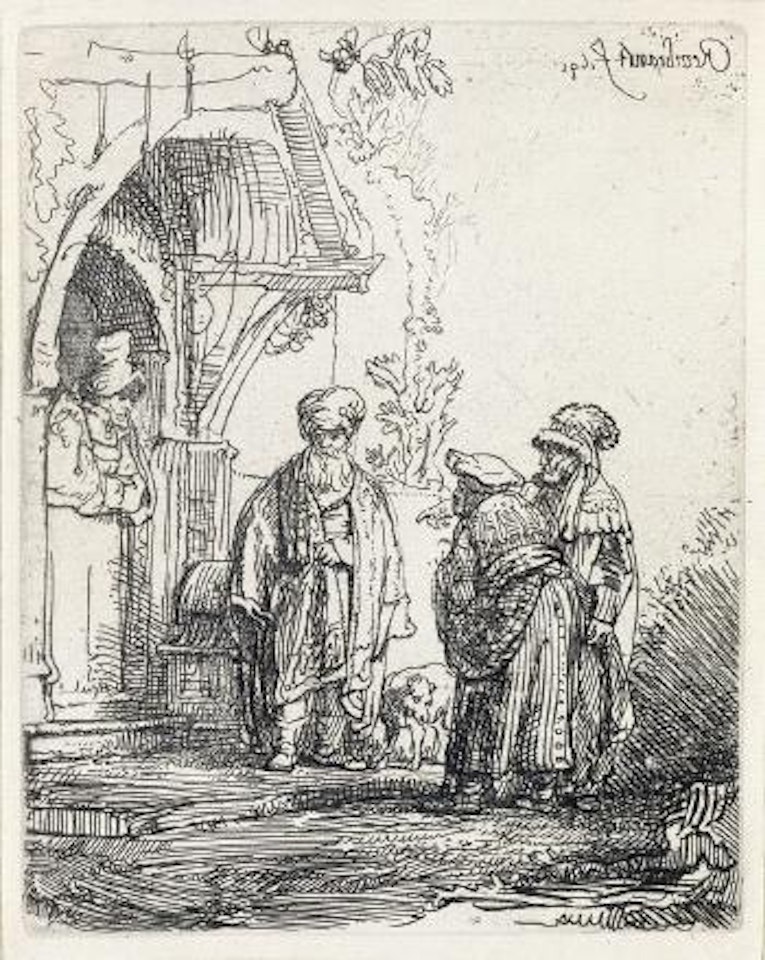 Three Oriental Figures (Jacob and Laban ?) by Attributed to Rembrandt Harmensz van Rijn