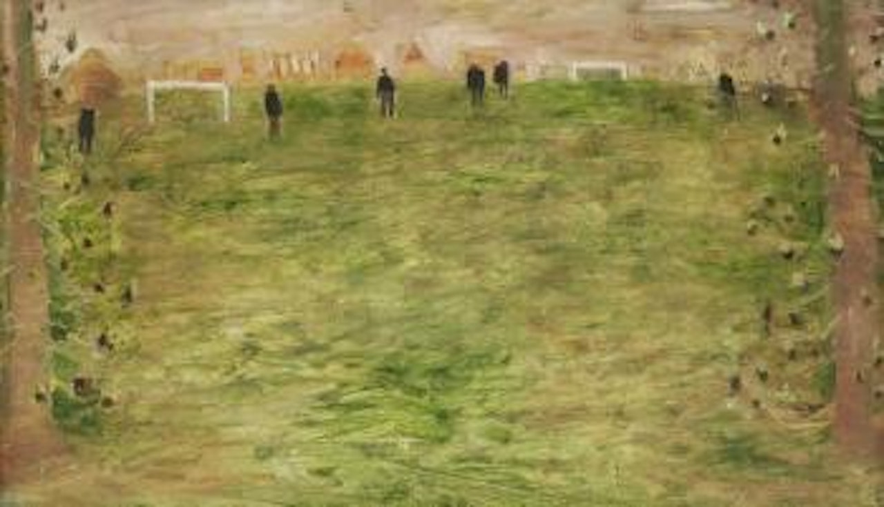 Walkers on a football pitch by Mary Newcomb
