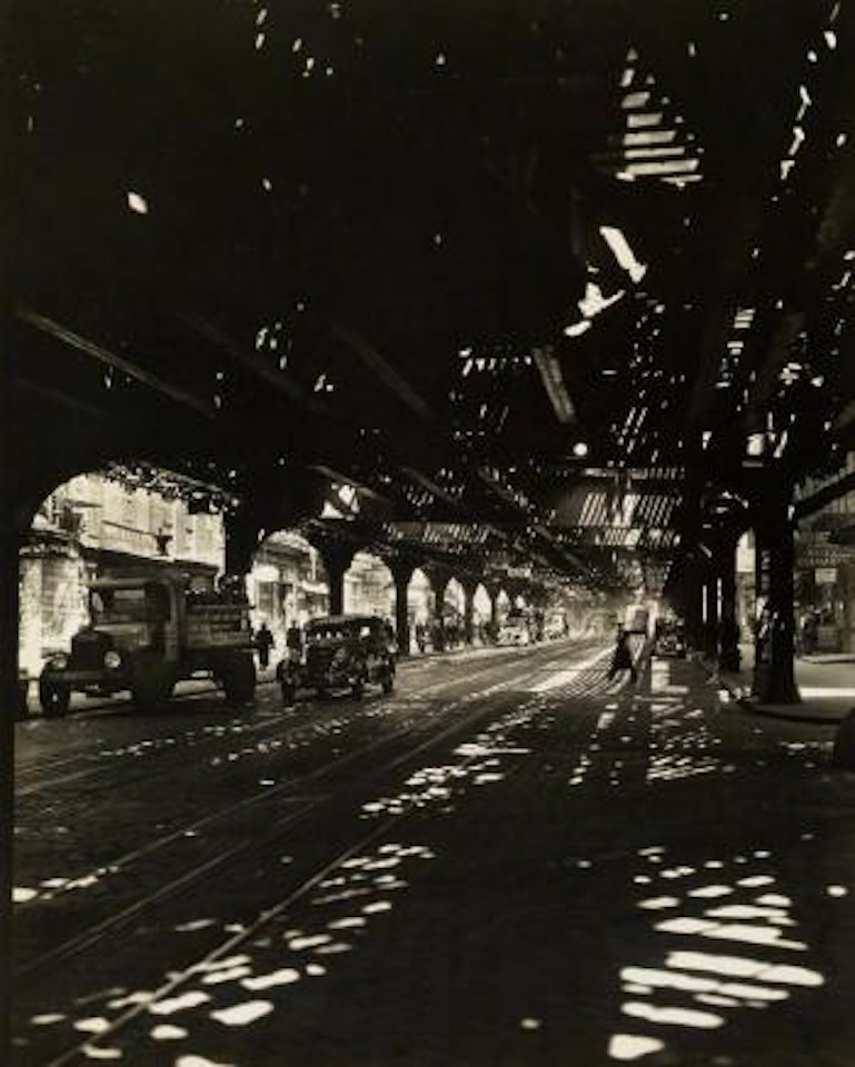 El 2nd & 3rd Avenue line, Bowery taken from Division St by Berenice Abbott