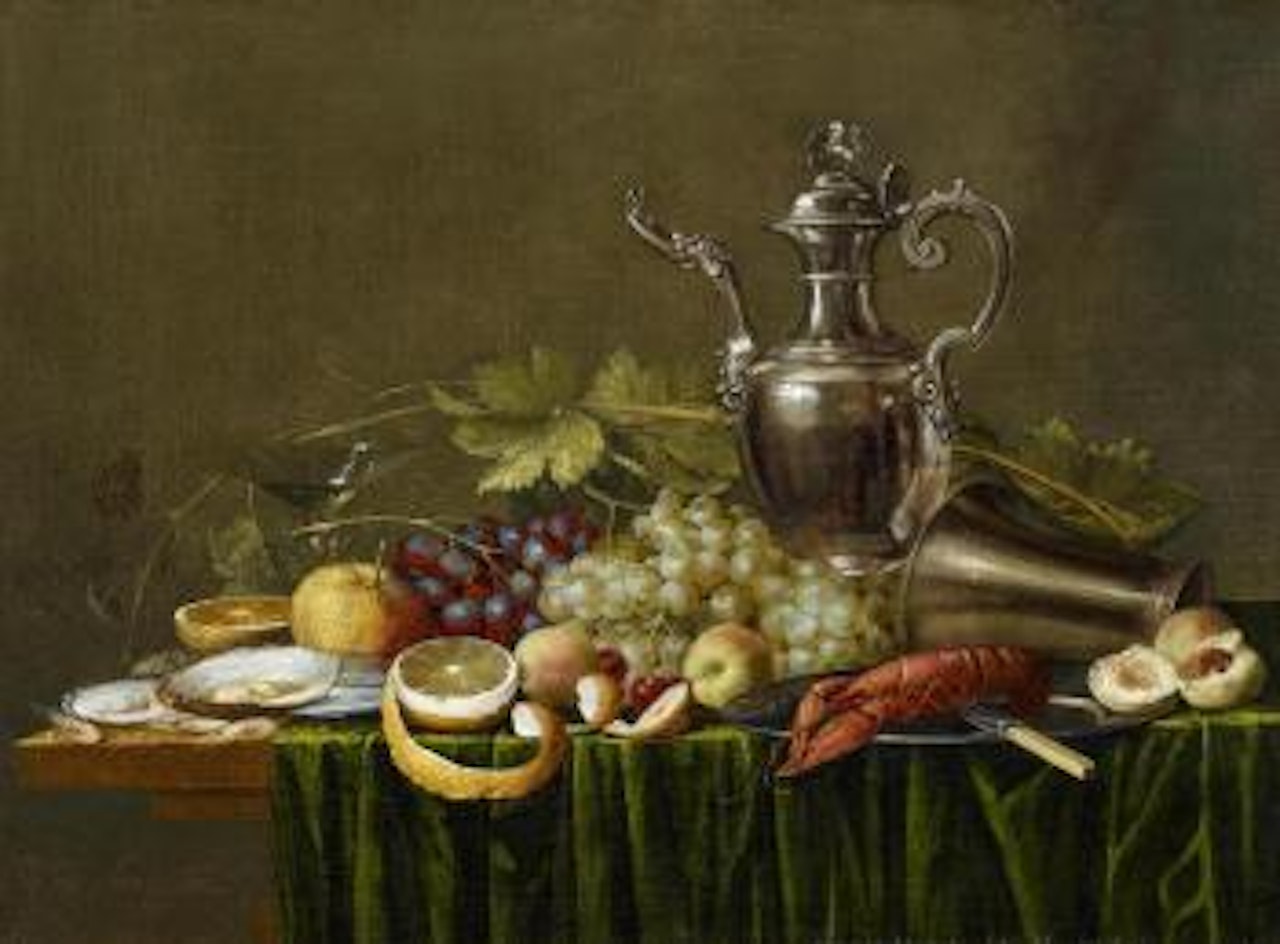 Varia Still Life with Silver Pot, Beaker, Fruit, and Small Lobsters by Jan Pauwel Gillemans