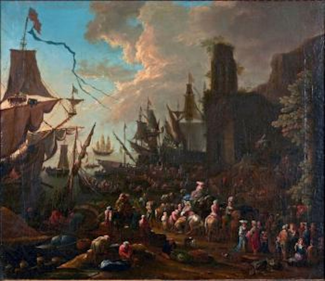 Scène de port animée de personnages by Pieter Bout