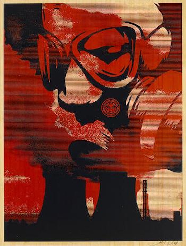 Visual Pollution Gas Mask on Wood - Large, 2008 by Shepard Fairey