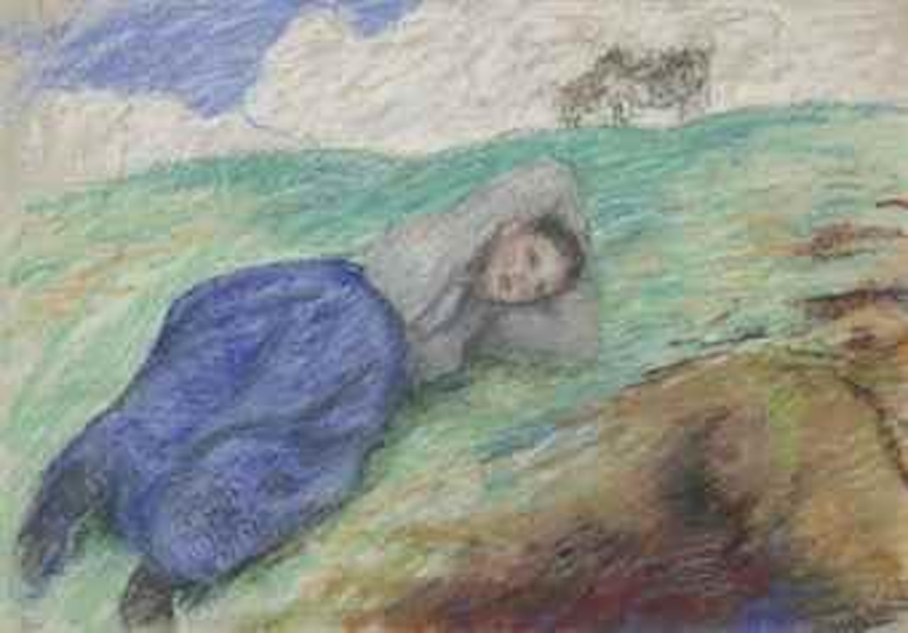 Gardeuse de vache allongée sur un talus by Camille Pissarro