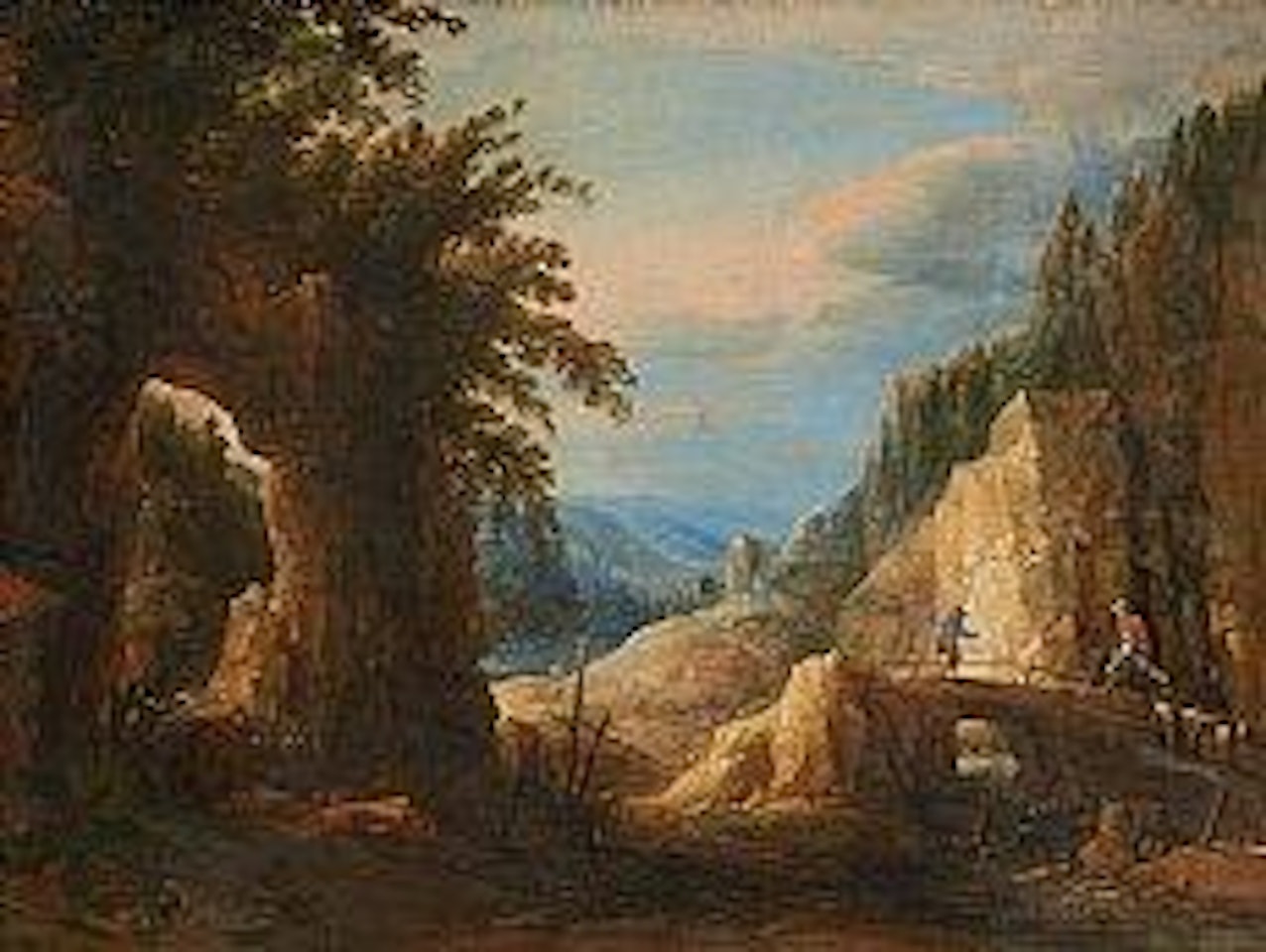 La traversée du pont sur fond de paysage vallonné by Flemish School by Flemish School