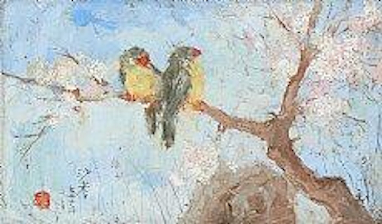 Deux inséparables sur un cerisier en fleurs by Sha Qi