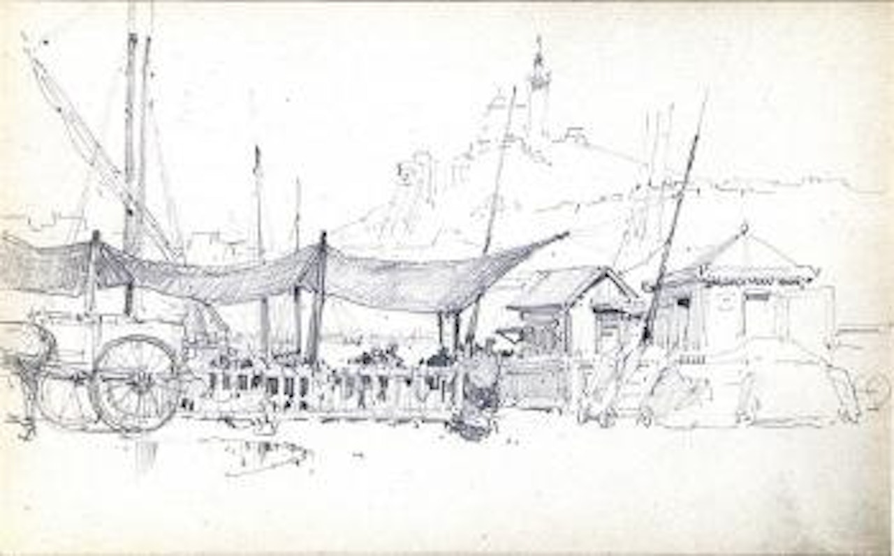 L’embarcadère et vue sur Notre Dame de la Garde à Marseille by Eugene Galien-Laloue