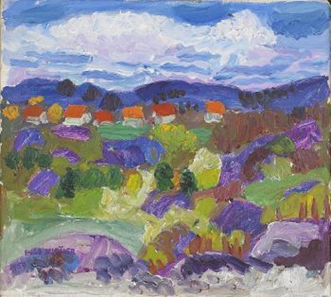 Landskap med hus by Inge Schiöler