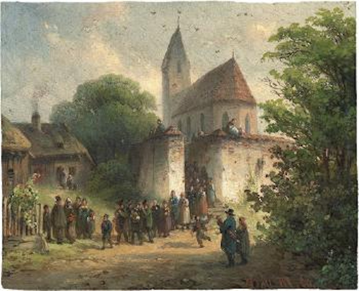 Fröhlicher Hochzeitszug vor einer Dorfkirche by Anton Doll