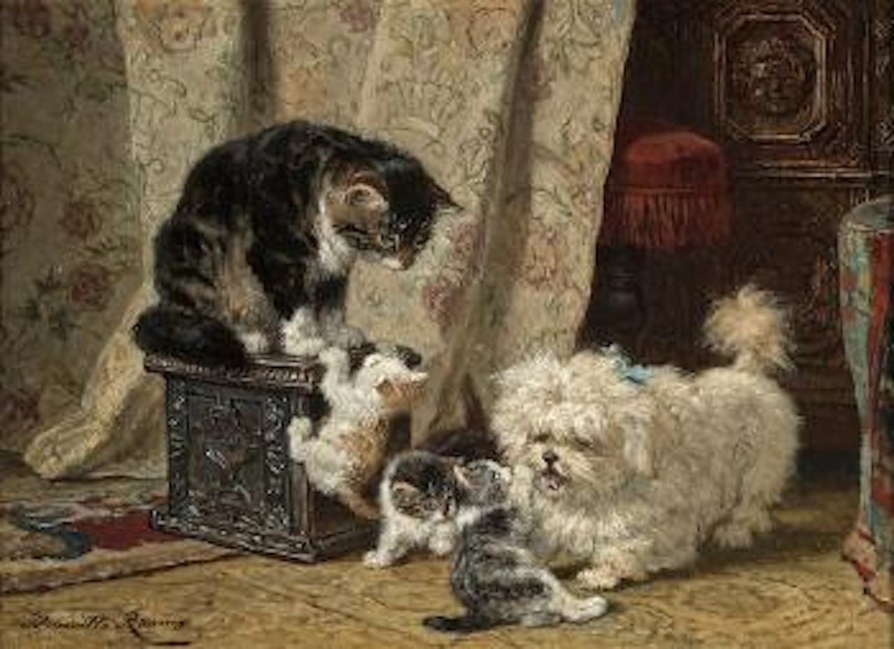 A terrier playing with kittens by Henriette Ronner-Knip
