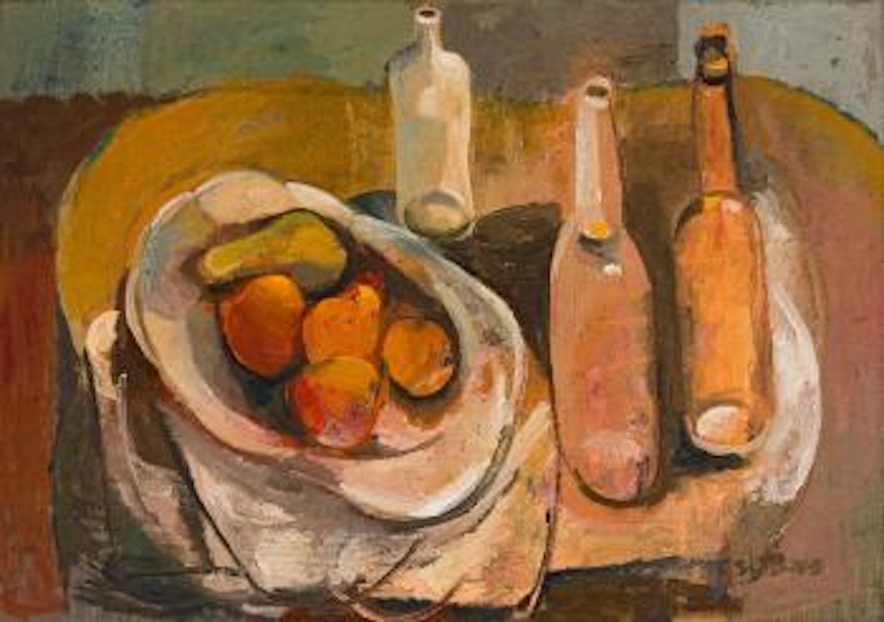 Still life with fruit and bottles by Cecil Skotnes