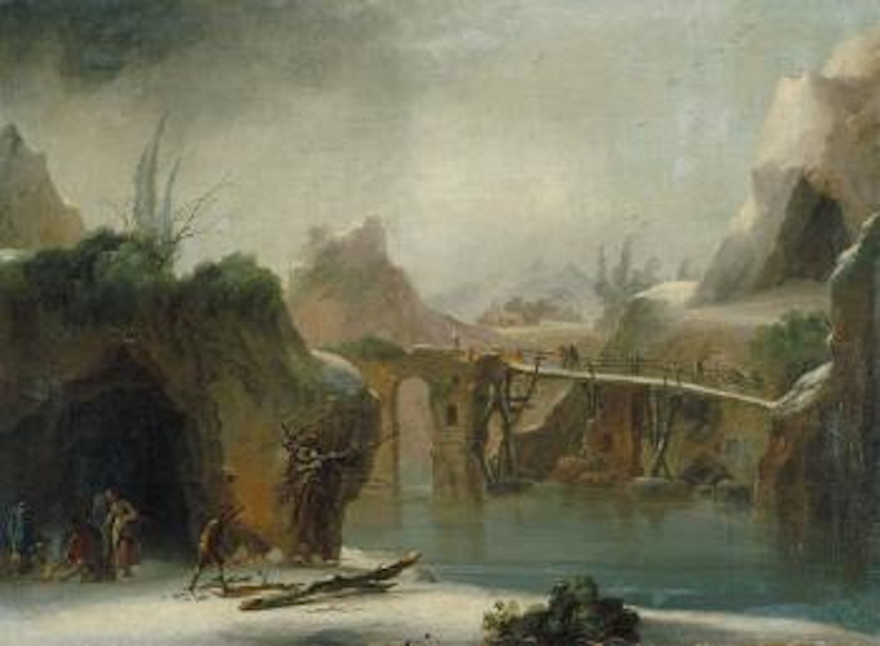 Winterlandschaft mit Fluß und Holzbrücke, im Vordergrund Landvolk bei einem Lagerfeuer by Claude Joseph Vernet