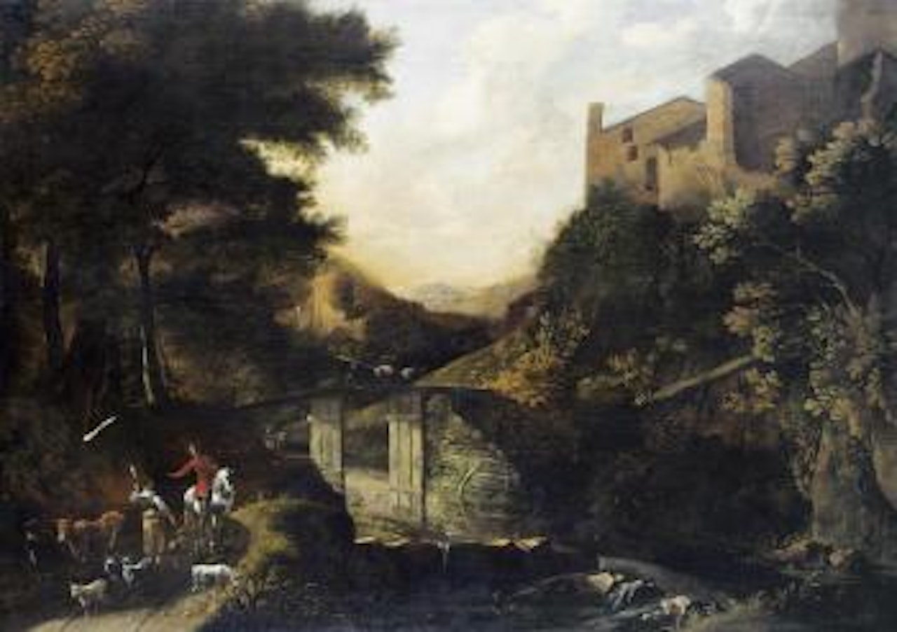 Viandanti presso un ponte in un paesaggio boschivo by Theodor Helmbreker