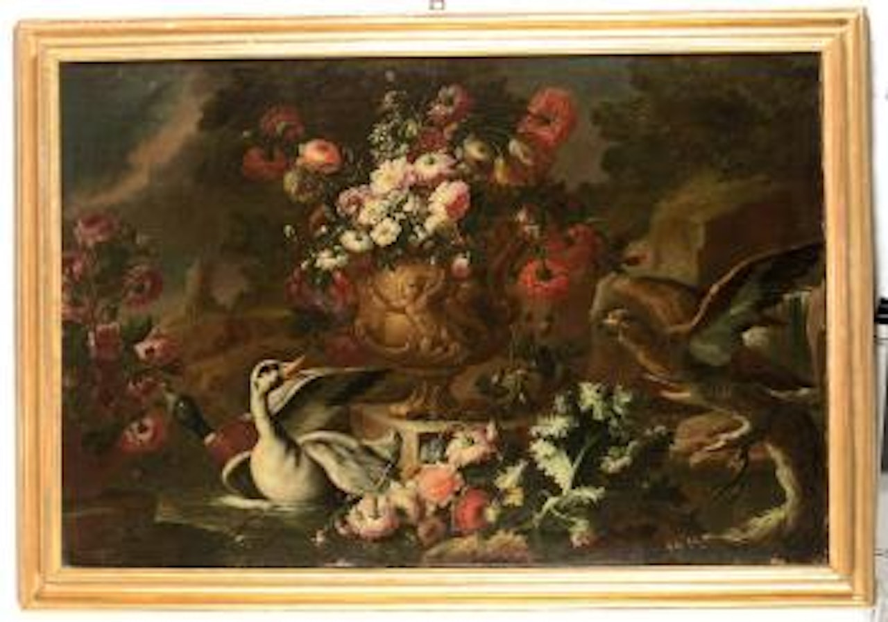 Nature morte con fiori, anatre e oche by Roman School