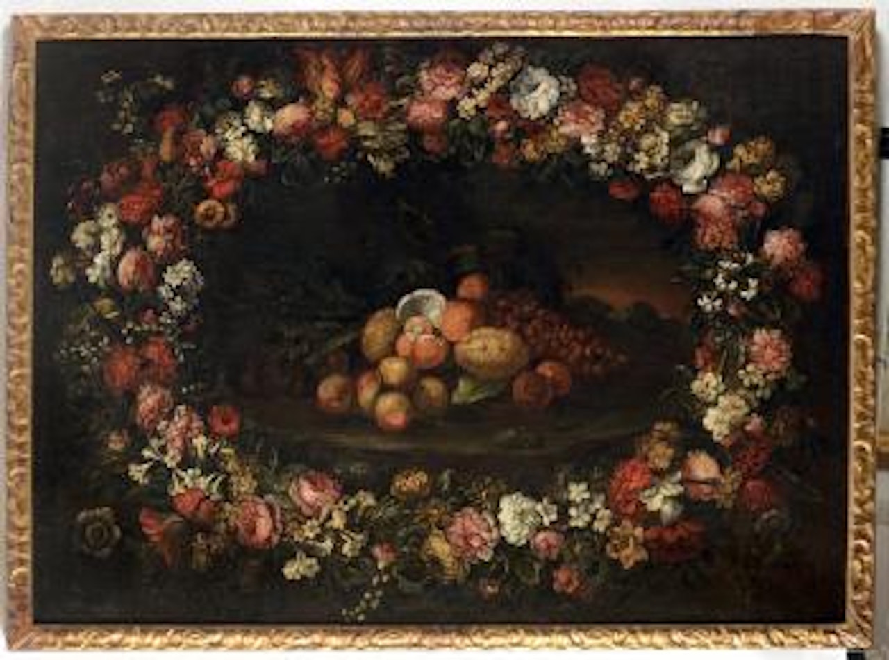 Coppia di nature morte con corone di fiori e frutta by Pier Francesco Cittadini