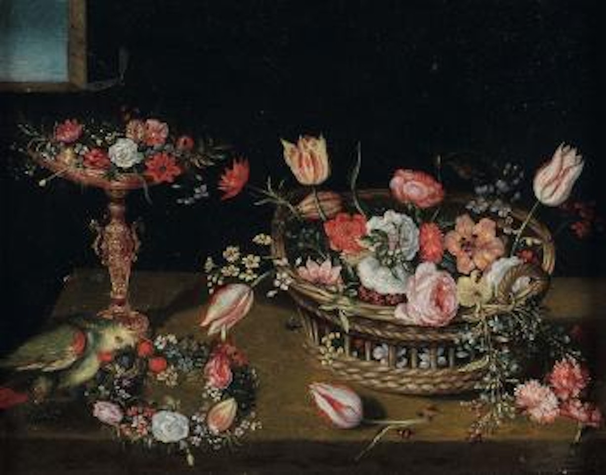 Cesto e alzata di fiori con pappagallino by Jan Van Kessel The Elder