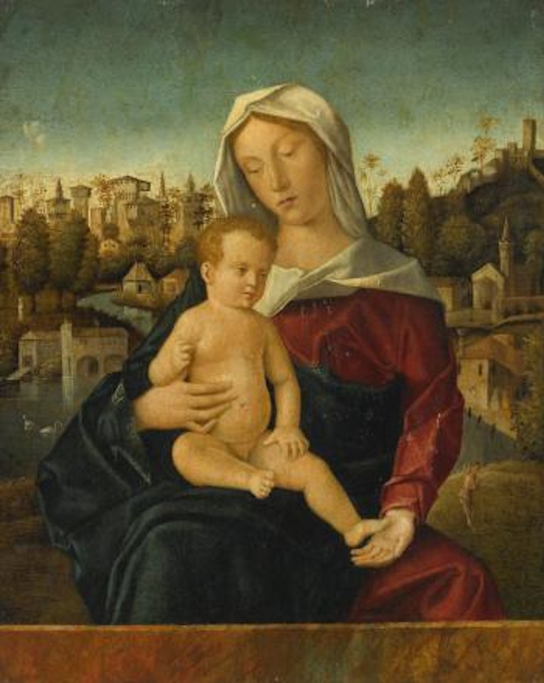 The Madonna and child, seated behind a ledge, a river landscape and a town beyond by Bartolomeo Veneto