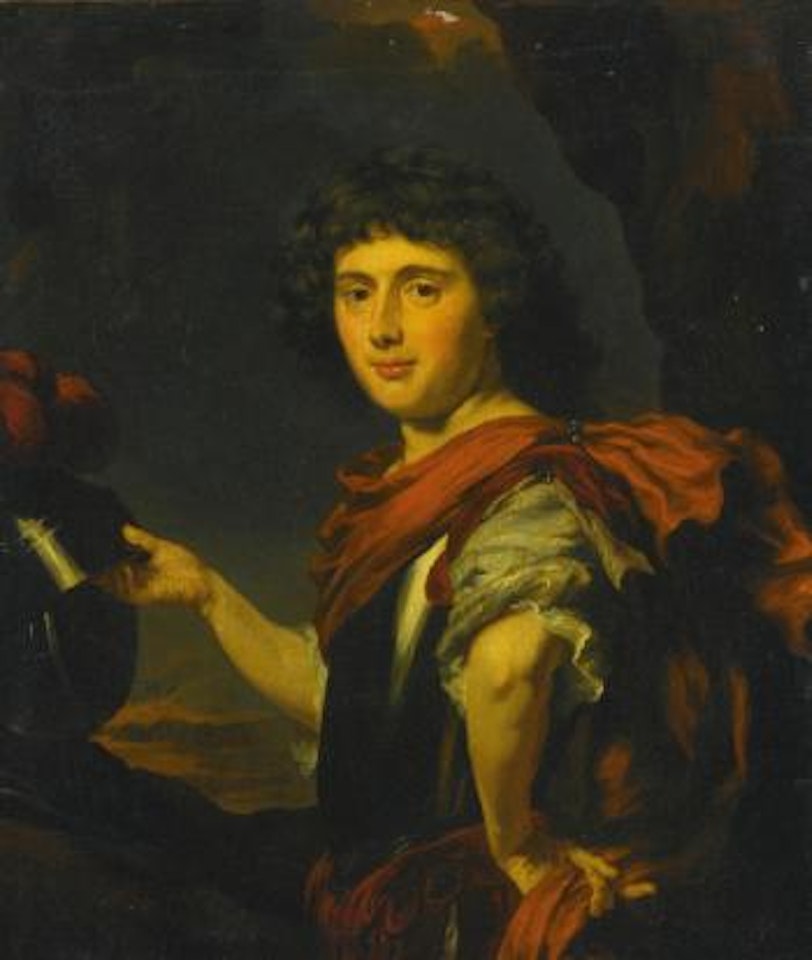 Portrait of a gentleman, half length, in a metal breastplate and holding a helmet by Nicolaes Maes