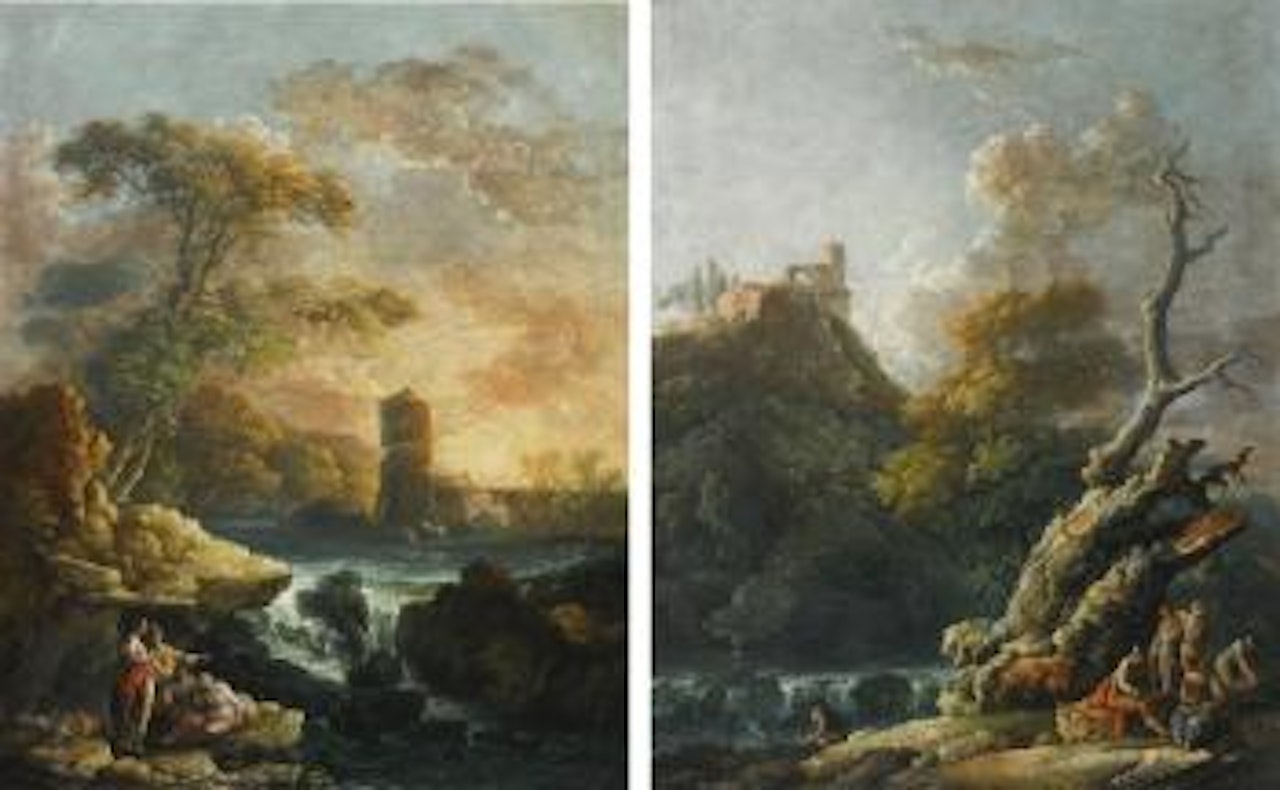 Two arcadian river landscapes with waterfalls and figures in the foreground by Carlo Bonavia