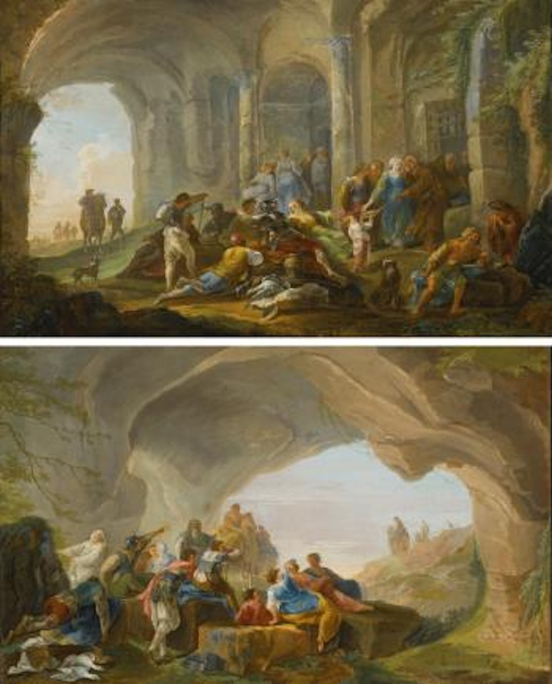 Roman figures under an arcade; roman figures in a cave by Hubert Robert