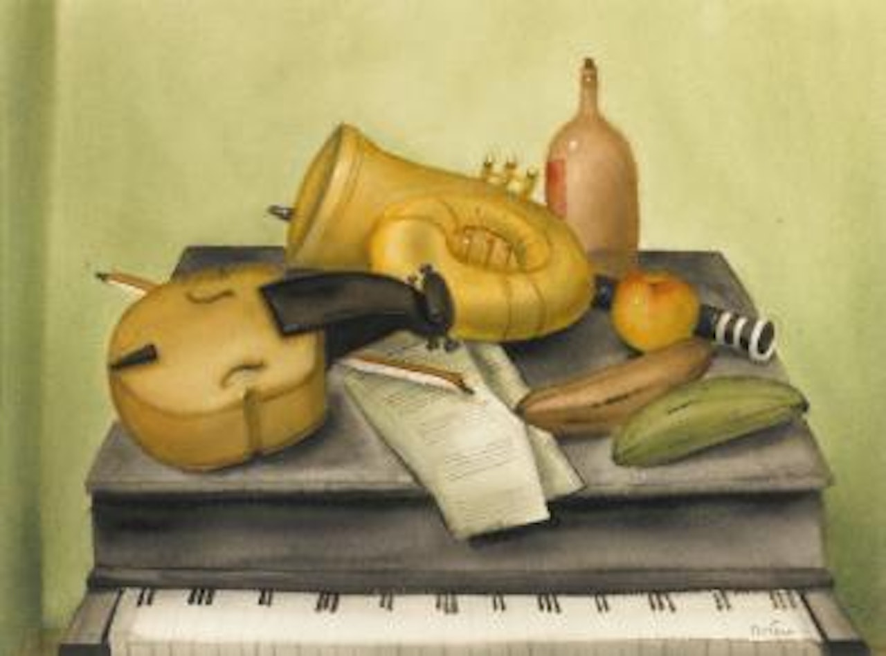 Still life with musical instruments by Fernando Botero