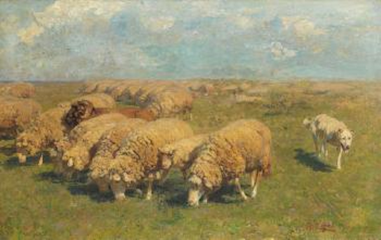 Schafherde Mit Hütehund Auf Der Weide by Heinrich von Zugel