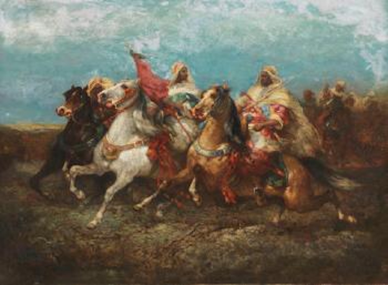 Drei Nach Links Reitende Araber Mit Gefolge by Adolf Schreyer