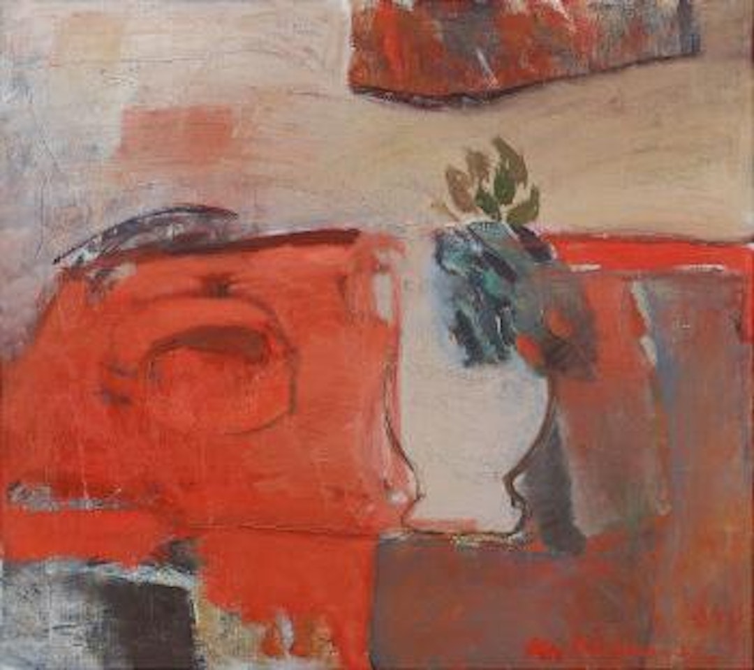 Rött stilleben med blomvas by Ola Billgren