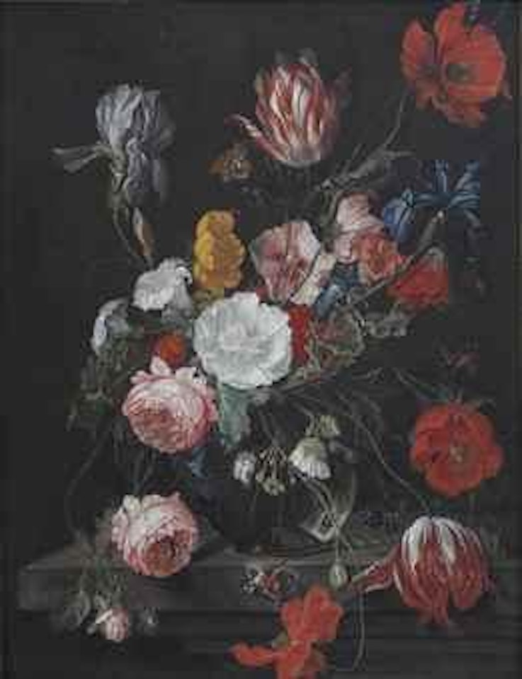 Tulips, poppies, anemones, irises, roses, morning glory and blackberries with butterflies in a glass vase on a stone ledge by Cornelis de Heem