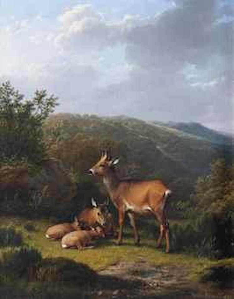 A family of deer resting by Eugène Joseph Verboeckhoven