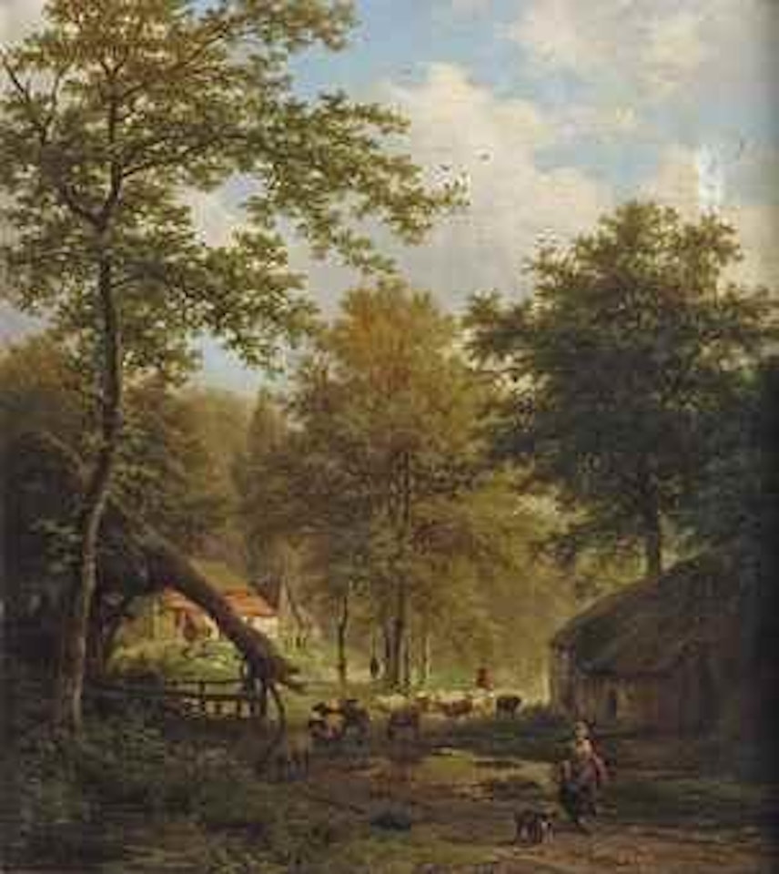 Boomrijk landschap met boerewoningen: a wooded landscape with shepherds by Barend Cornelis Koekkoek