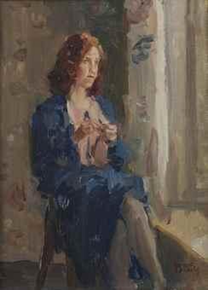 Dame in het blauw bij venster: daydreaming by Isaac Israels